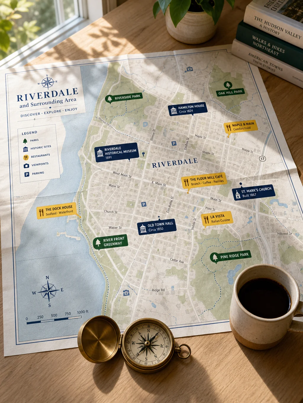 Hand-drawn local map and guidebook resting on a sun-drenched table